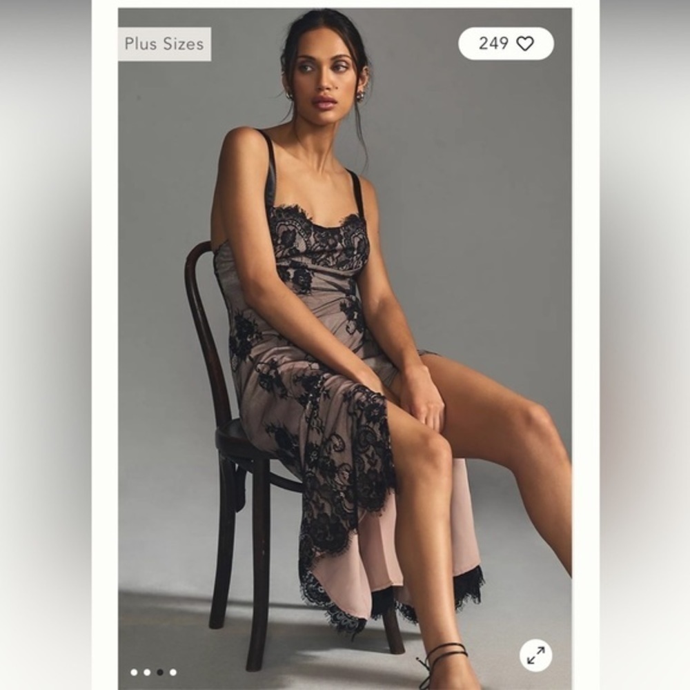 Anthropologie Mauve Nude Black Lace Overlay Side Slit Slip Dress - Picture 10 of 14